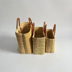 Rectangular Straw Market Bag with Leather Handles - Woven Beach Tote