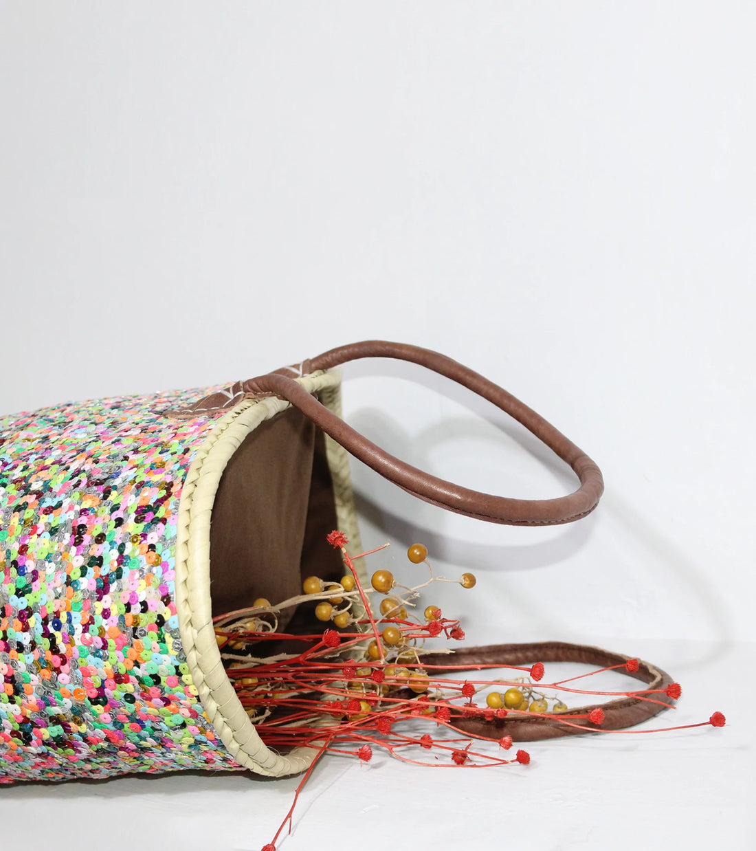 Sequin Straw Tote Bag - Colorful Boho Beach Basket with Leather Handles
