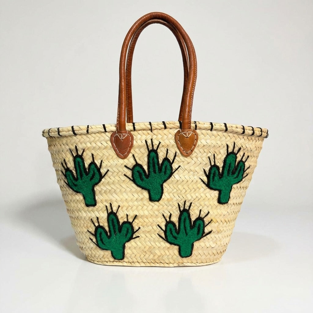 Woven Straw Cactus Tote Bag Market Basket Leather Handles