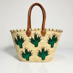 Woven Straw Cactus Tote Bag Market Basket Leather Handles