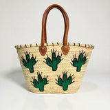 Woven Straw Cactus Tote Bag Market Basket Leather Handles