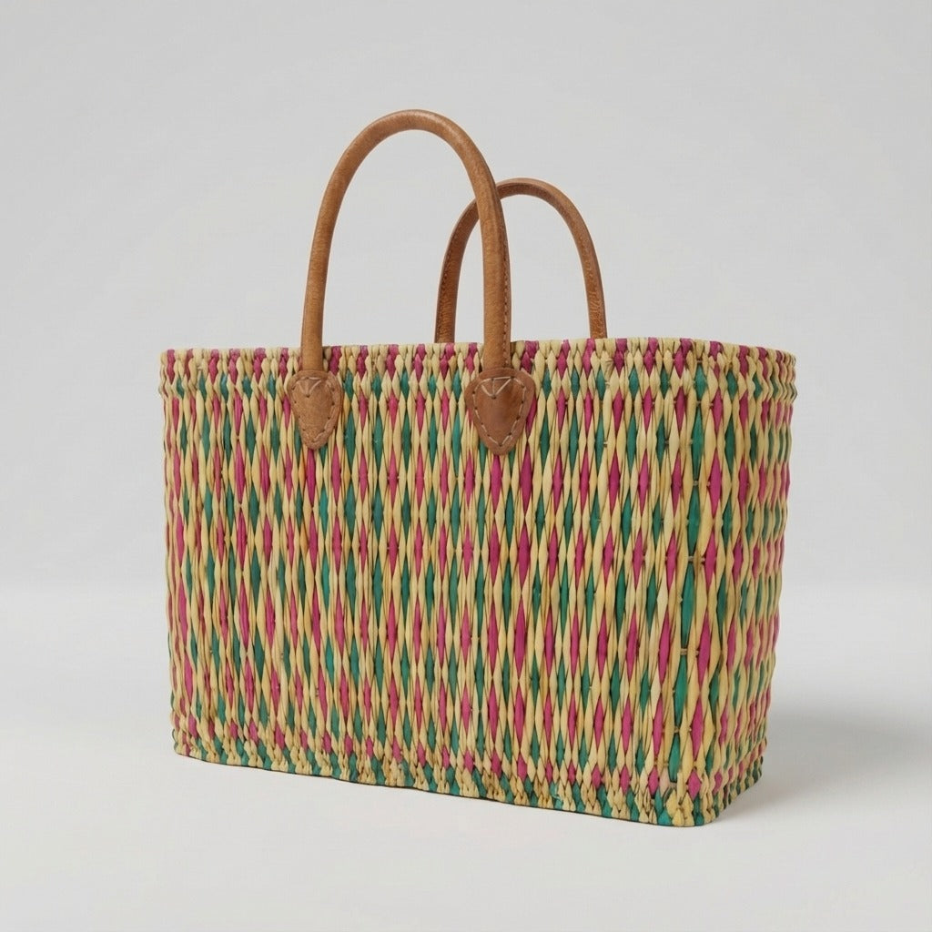 Handmade Reed Market Basket Tote with Leather Handles