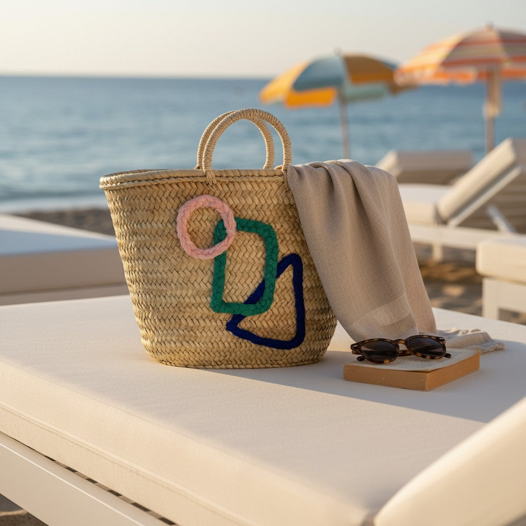 Woven Straw Beach Tote Bag with Geometric Embroidery