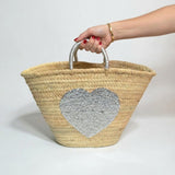 Sequin Heart Straw Market Basket - Handmade Boho Beach Tote Bag