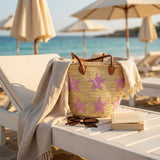 Pink Star Straw Tote Bag - French Market Basket Leather Handles