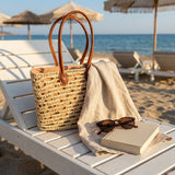 Woven Straw Tote Bag with Leather Handles Summer Beach Market Basket