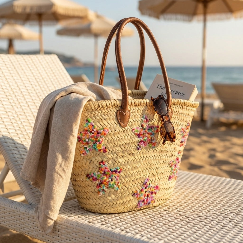 Star Embroidered Straw Tote Bag - Woven French Market Basket