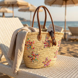 Star Embroidered Straw Tote Bag - Woven French Market Basket
