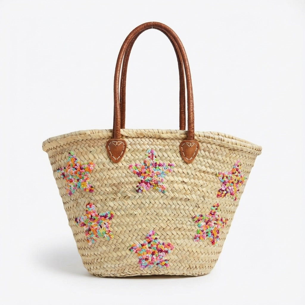 Star Embroidered Straw Tote Bag - Woven French Market Basket