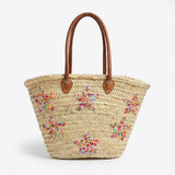 Star Embroidered Straw Tote Bag - Woven French Market Basket