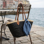 Sequin Straw Tote Bag with Leather Handles - Large Beach Basket