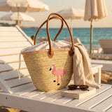 Embroidered Flamingo Straw Tote Bag Woven Summer Beach Basket