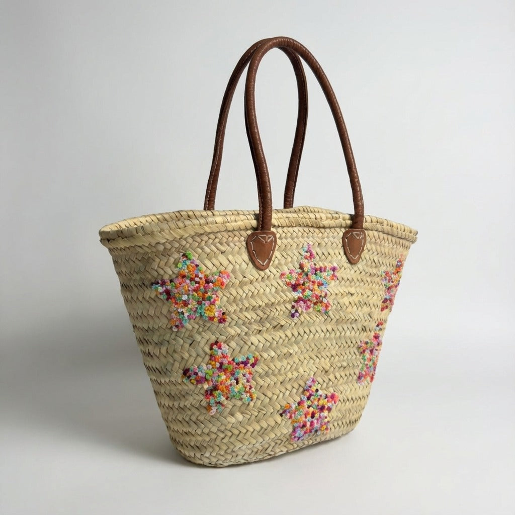 Star Embroidered Straw Tote Bag - Woven French Market Basket