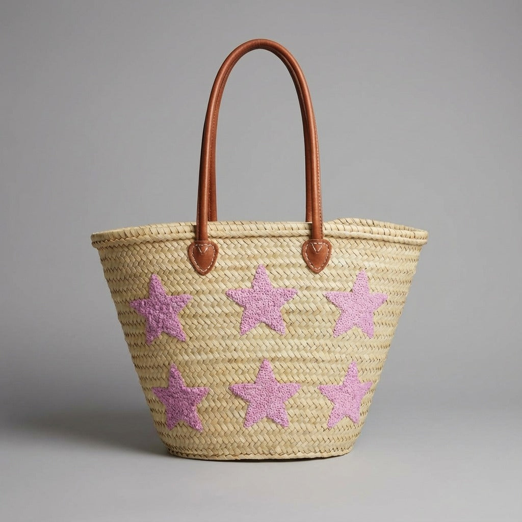 Pink Star Straw Tote Bag - French Market Basket Leather Handles