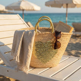 Sequin Heart Straw Market Basket - Handmade Boho Beach Tote Bag