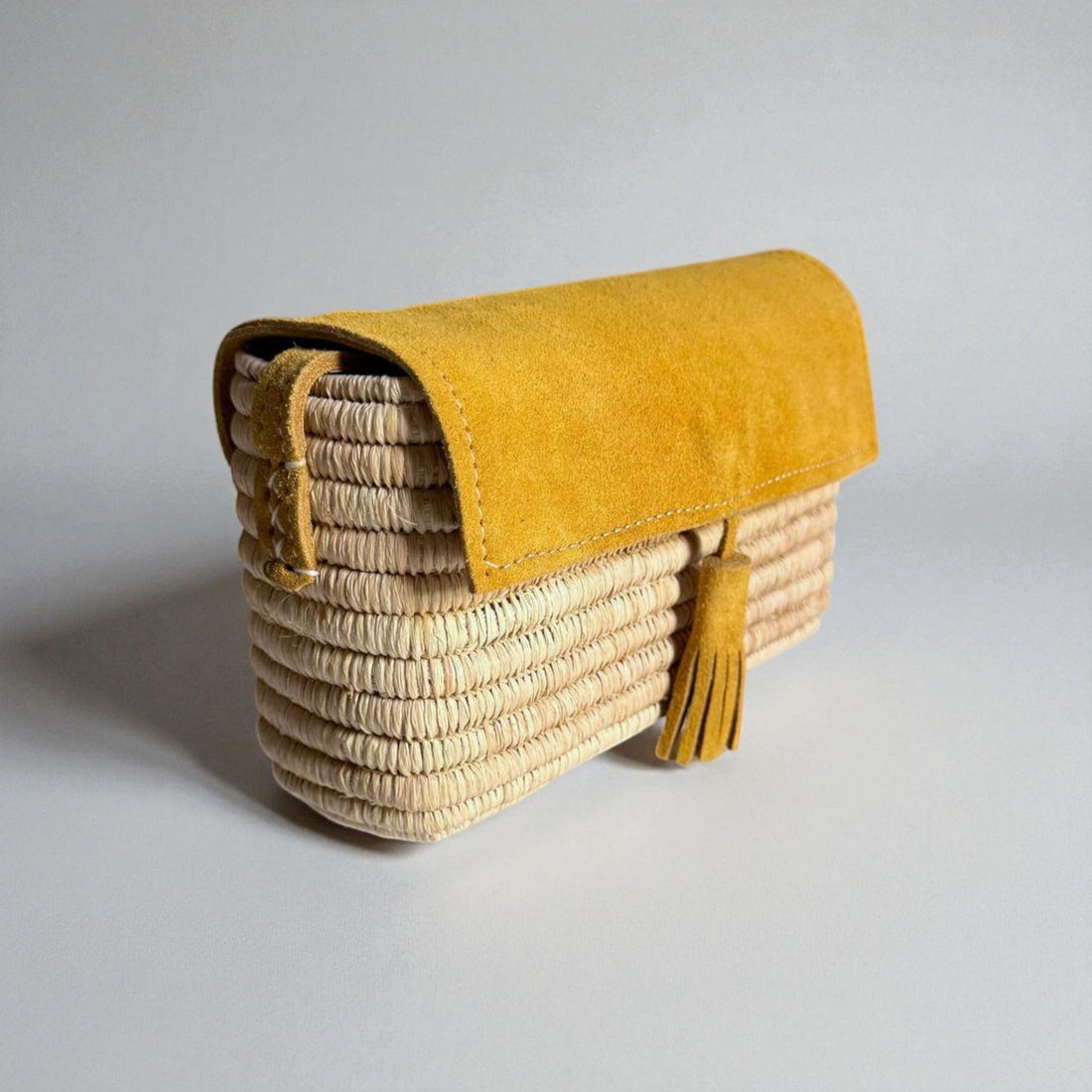 Mustard Suede & Raffia Crossbody Bag - Boho Woven Shoulder Purse