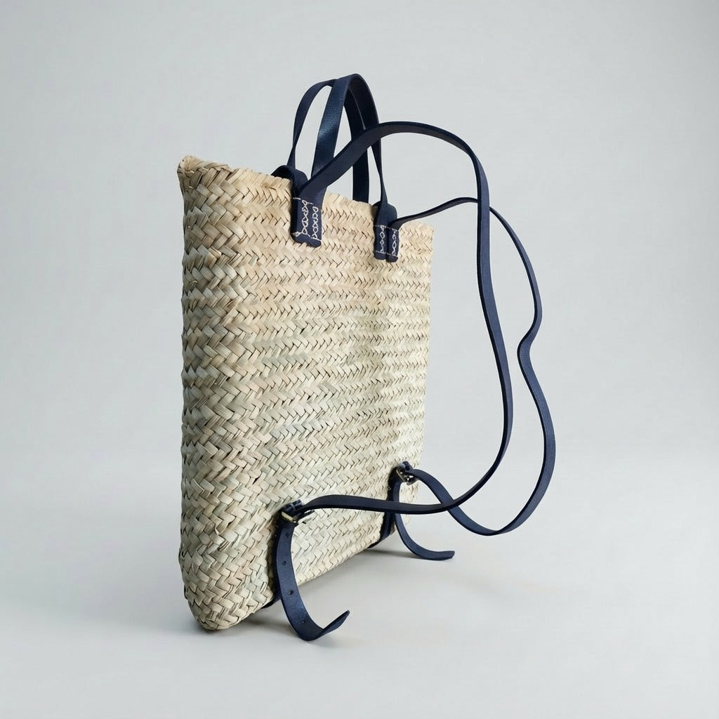 Handmade Straw Backpack with Leather Straps Woven Market Bag