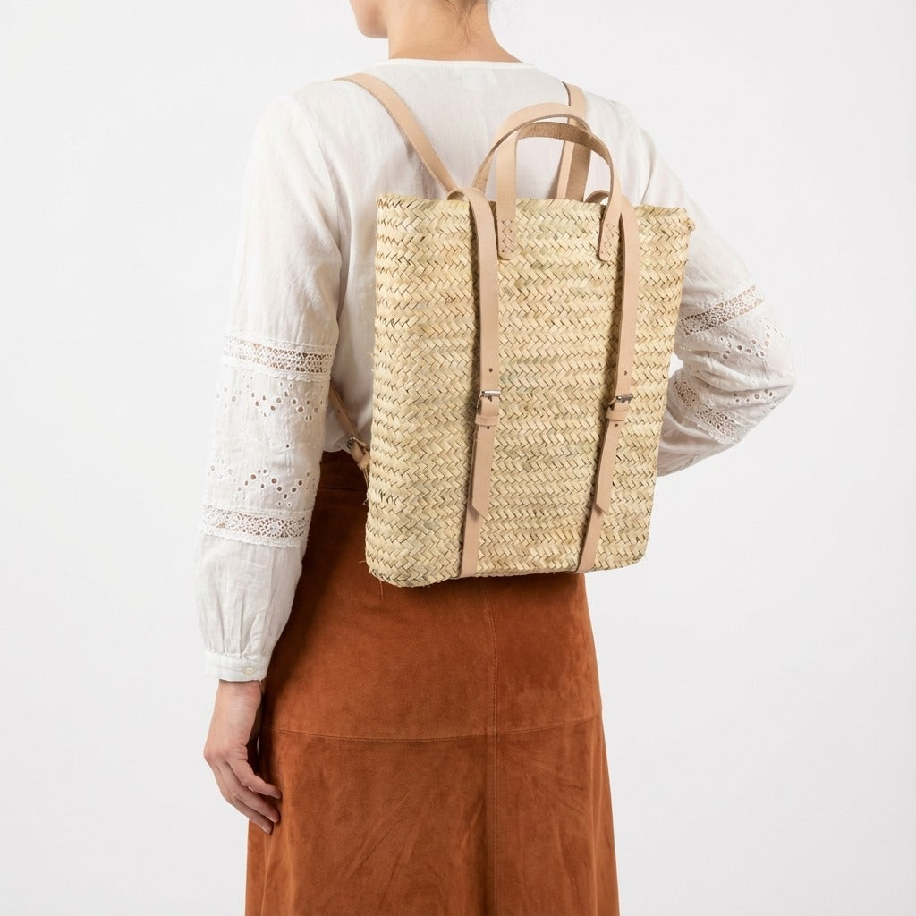 Handmade Straw Backpack with Leather Straps Woven Market Bag