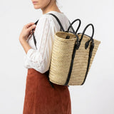 French Market Backpack Woven Straw Basket with Leather Straps