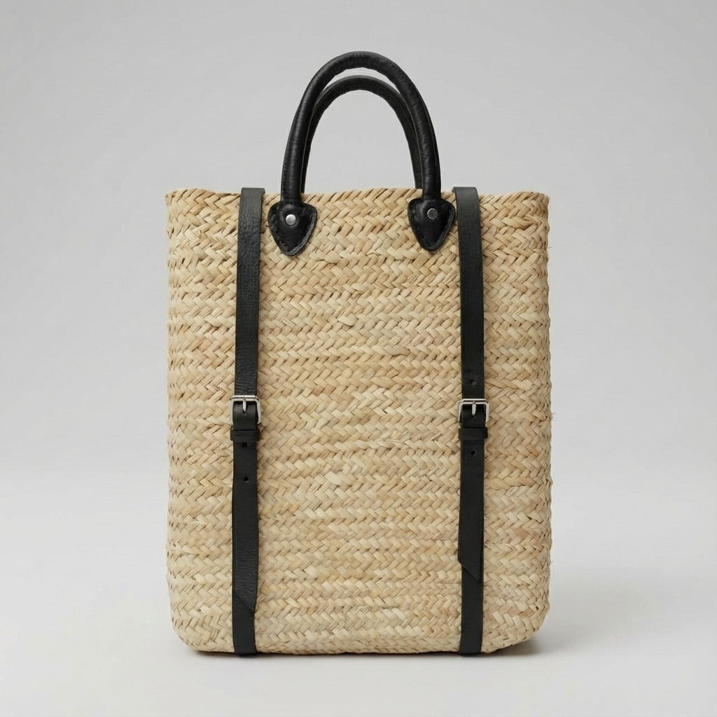 Woven Straw Backpack with Leather Straps - Handmade Market Tote