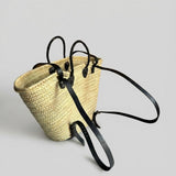 French Market Backpack Woven Straw Basket with Leather Straps