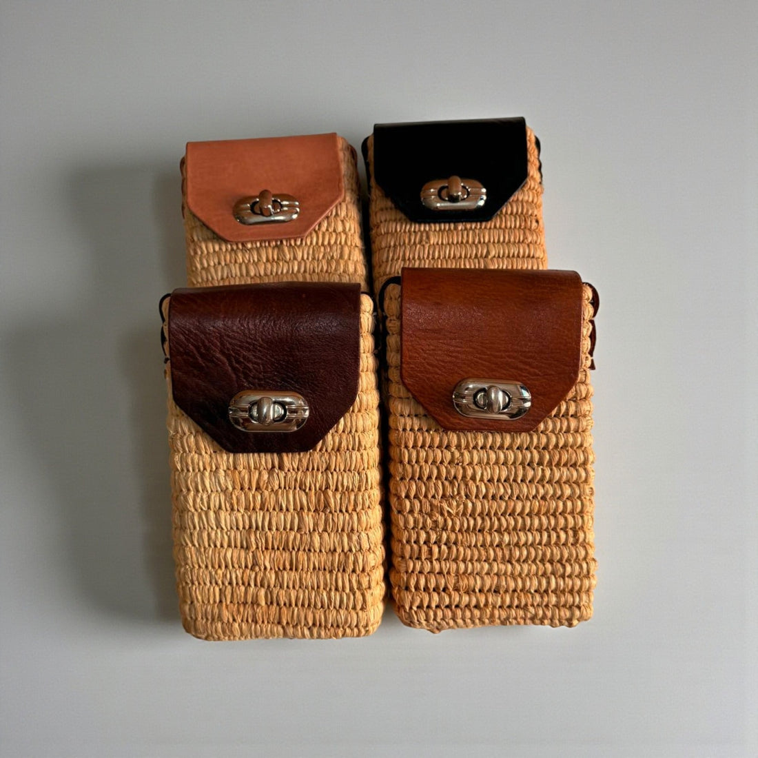 Woven Raffia Phone Bag Crossbody with Leather Flap