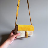 Mustard Suede & Raffia Crossbody Bag - Boho Woven Shoulder Purse