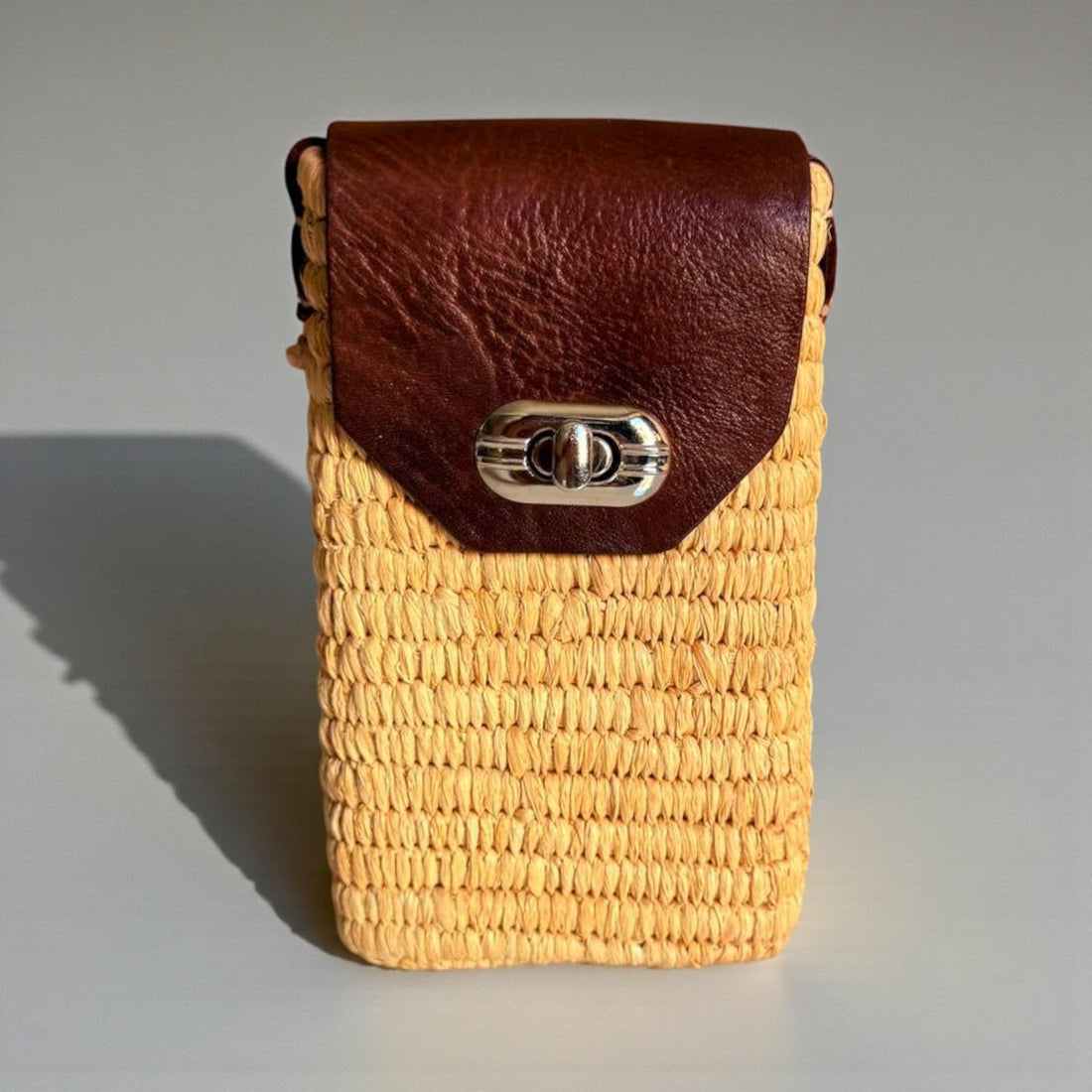 Woven Raffia Phone Bag Crossbody with Leather Flap