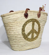 Sequin Peace Sign Straw Tote - Boho Market Basket with Leather Handles