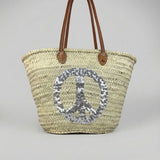 Sequin Peace Sign Straw Tote - Boho Market Basket with Leather Handles
