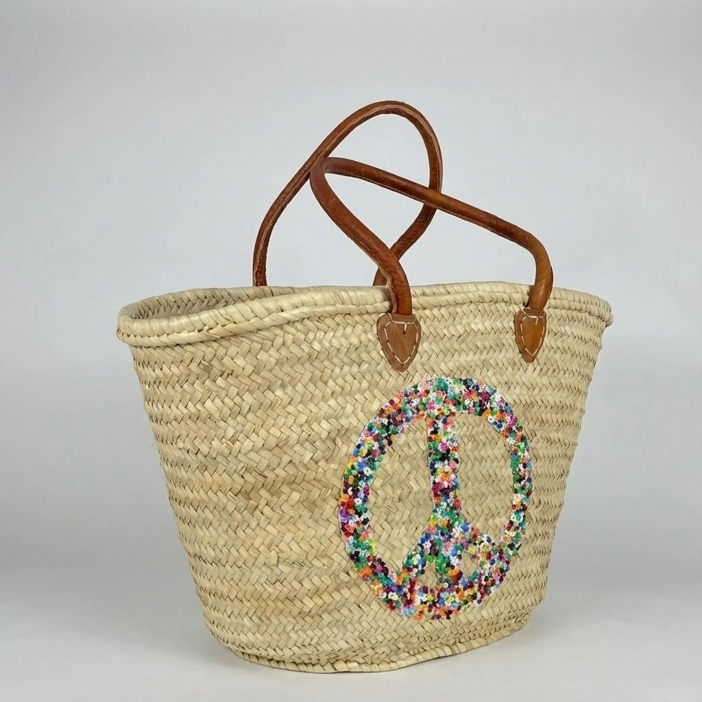 Sequin Peace Sign Straw Tote - Boho Market Basket with Leather Handles