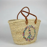 Sequin Peace Sign Straw Tote - Boho Market Basket with Leather Handles