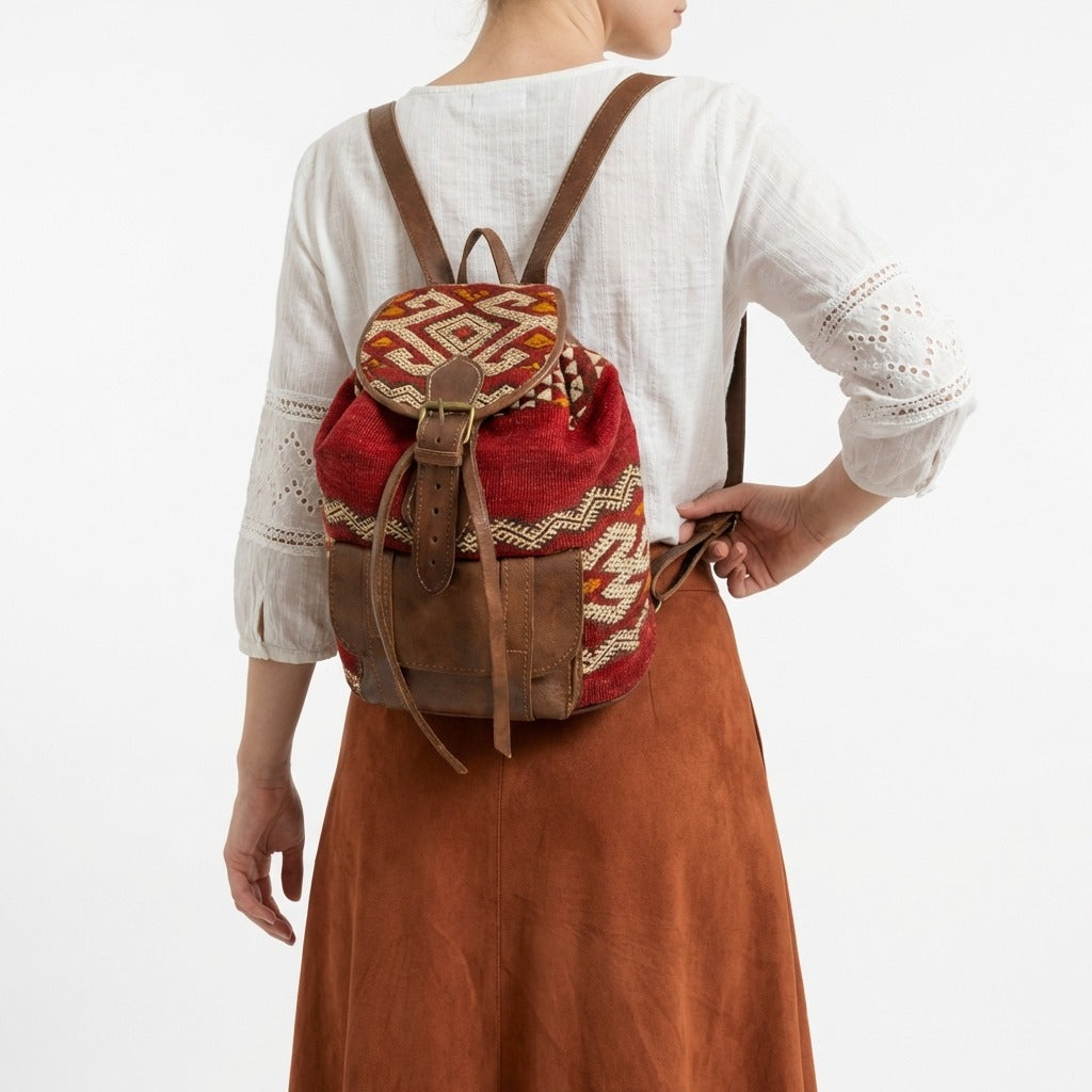 Kilim Leather Backpack, Boho Tribal Rucksack, Vintage Style Bag