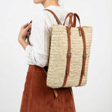Handmade Straw Backpack with Leather Straps Woven Market Bag
