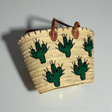 Woven Straw Cactus Tote Bag Market Basket Leather Handles