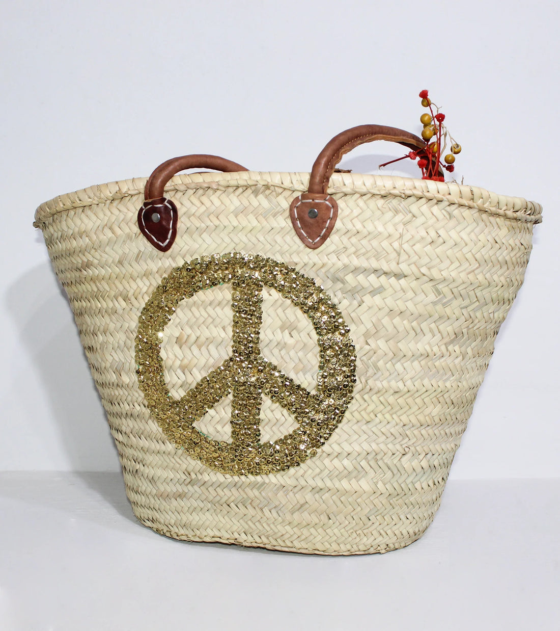 Sequin Peace Sign Straw Tote - Boho Market Basket with Leather Handles