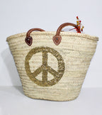 Sequin Peace Sign Straw Tote - Boho Market Basket with Leather Handles