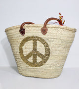 Sequin Peace Sign Straw Tote - Boho Market Basket with Leather Handles