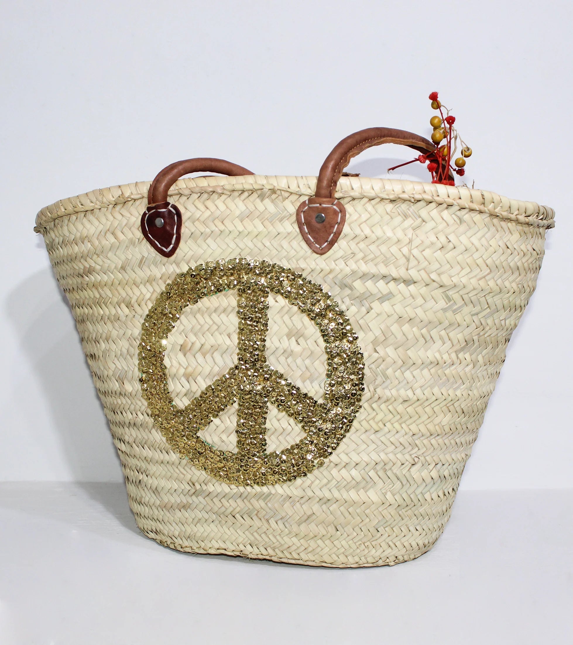 Sequin Peace Sign Straw Tote - Boho Market Basket with Leather Handles