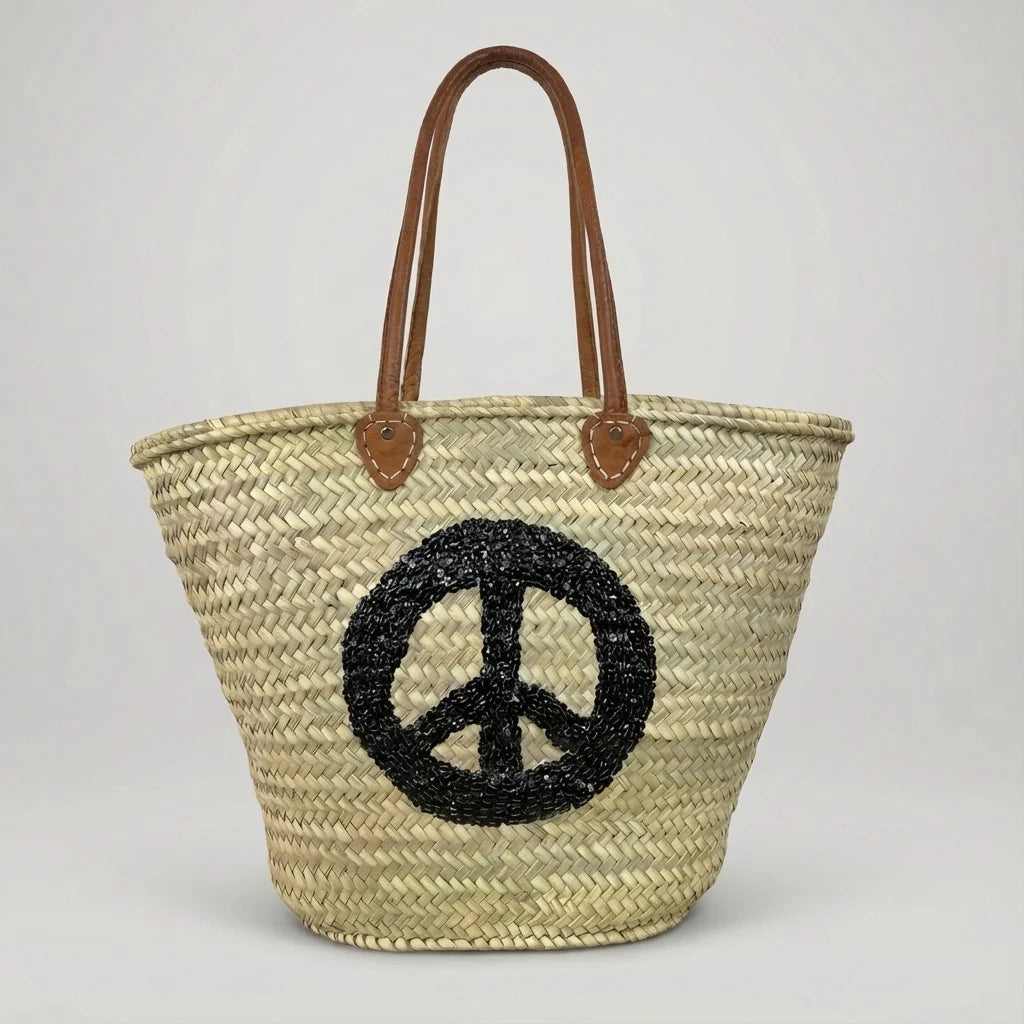 Sequin Peace Sign Straw Tote - Boho Market Basket with Leather Handles