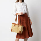 French Market Basket with Leather Handles - Woven Straw Tote Bag