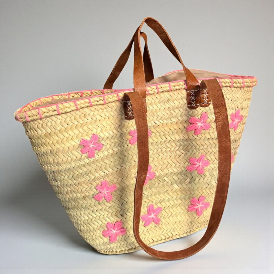 Embroidered Straw Tote Bag Floral Market Basket Leather Handles