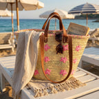 Embroidered Straw Tote Bag Floral Market Basket Leather Handles