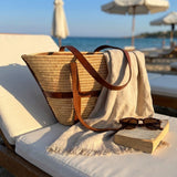 Woven Raffia Tote Bag with Leather Straps & Drawstring Lining