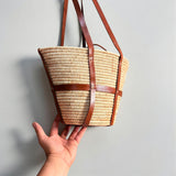 Woven Raffia Tote Bag with Leather Straps & Drawstring Lining