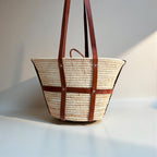 Woven Raffia Tote Bag with Leather Straps & Drawstring Lining