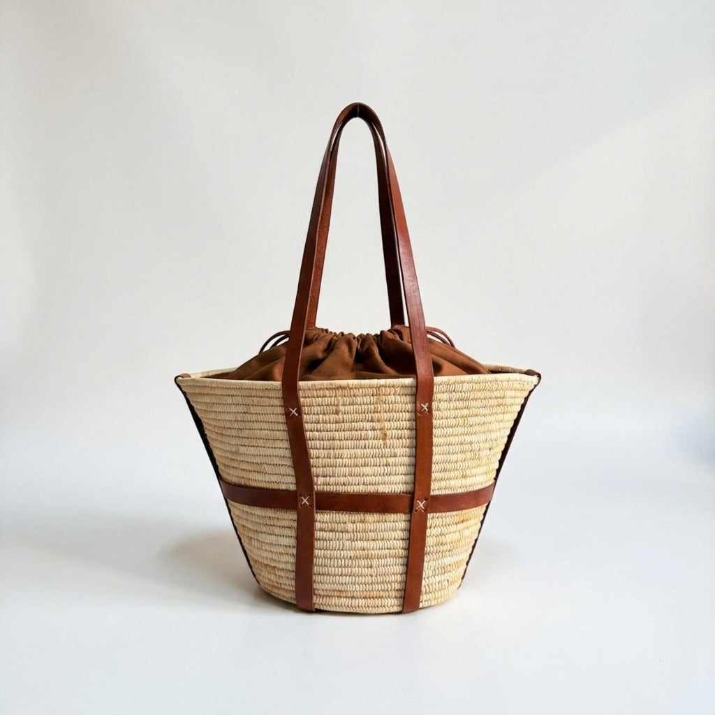 Woven Raffia Tote Bag with Leather Straps & Drawstring Lining