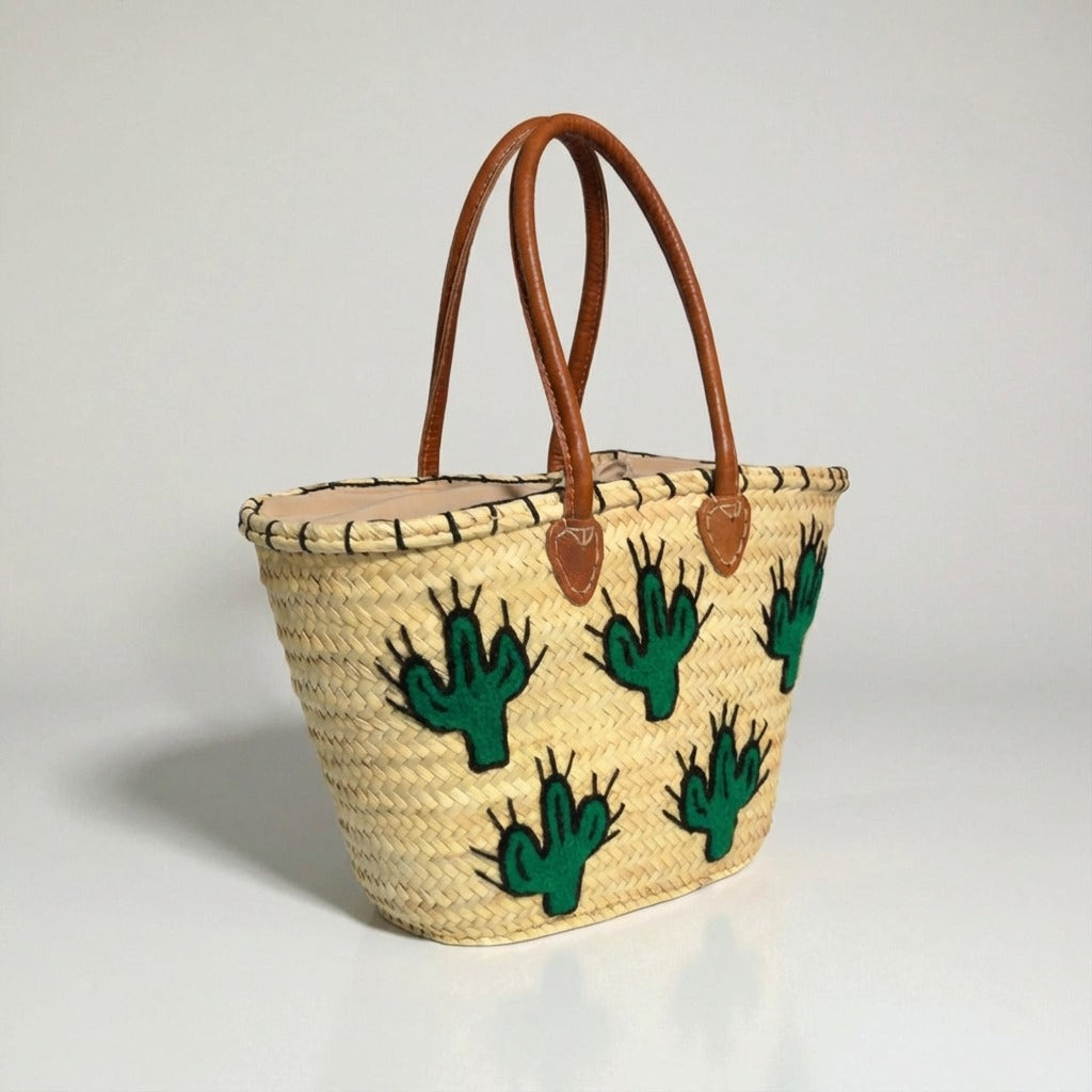 Woven Straw Cactus Tote Bag Market Basket Leather Handles