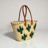 Woven Straw Cactus Tote Bag Market Basket Leather Handles