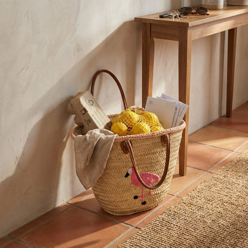 Embroidered Flamingo Straw Tote Bag Woven Summer Beach Basket